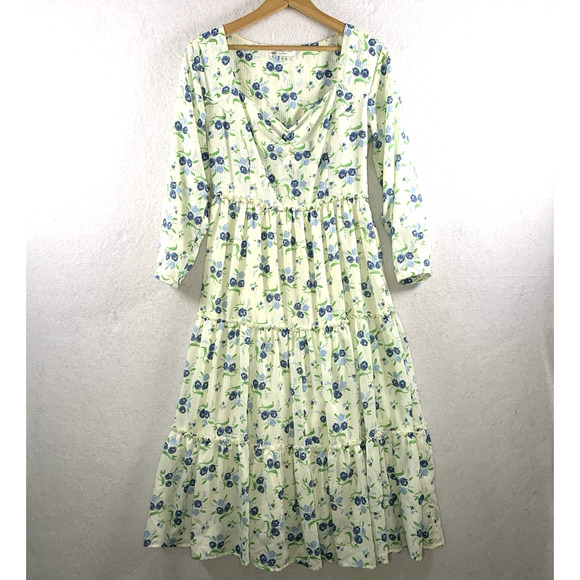 Womens‎ Milkmaid Floral Tiered Ruffle Midi Dress Sz Cottage Prairie Romantic - Picture 1 of 16